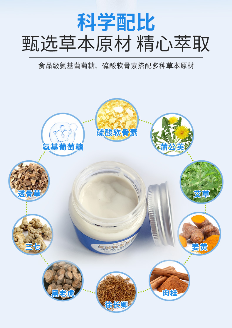 科學配比，甄選草本原材精心萃取，食品級氨基葡萄糖、硫酸軟骨素搭配多種草本原材